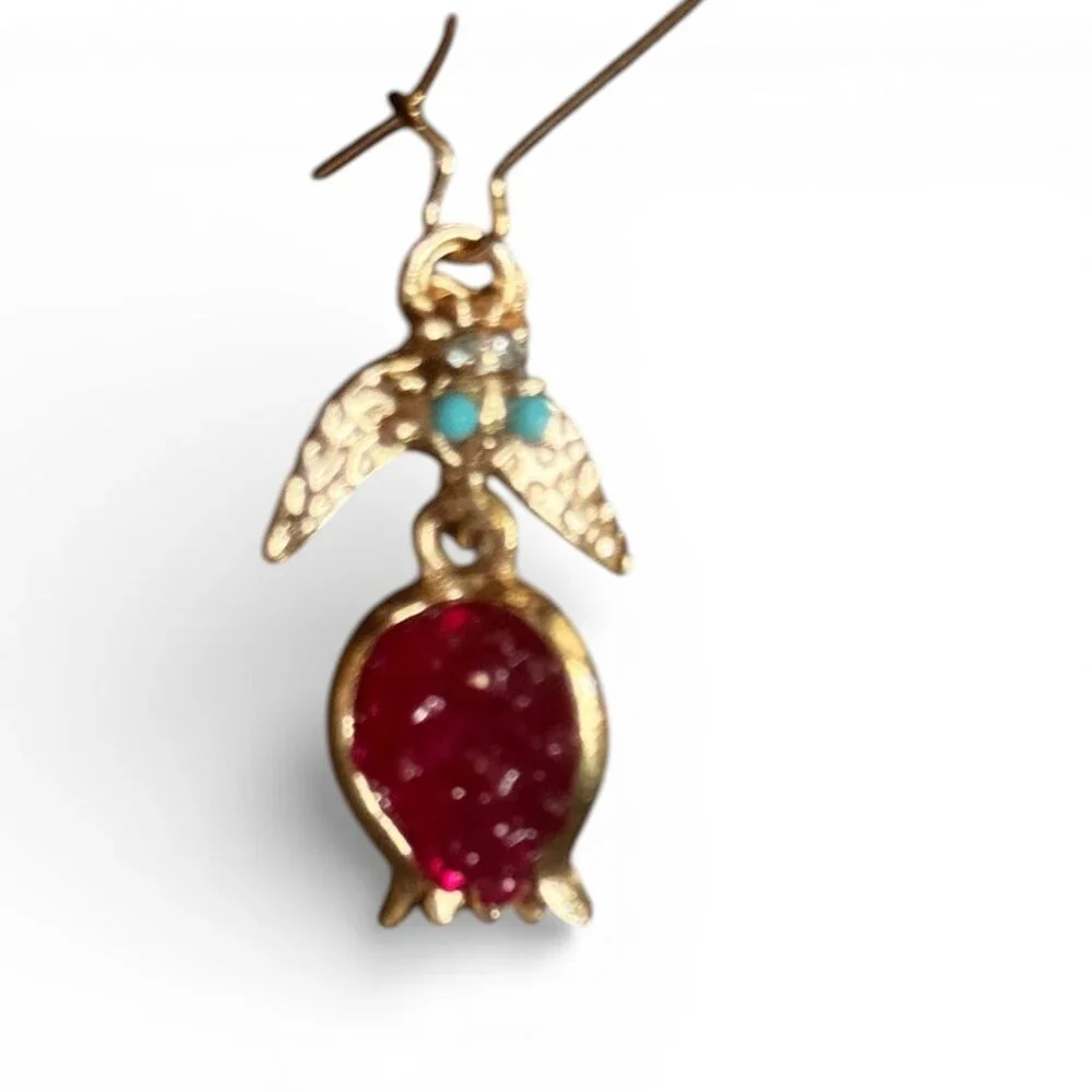 Gold Tone Pomegranate Dangle Earrings Red Crystal Fruit Hook Drop - NEW